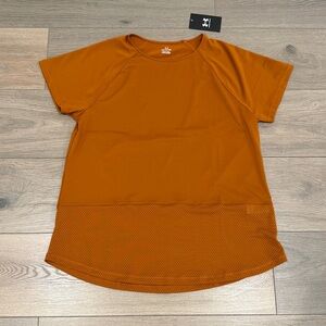 UNDER ARMOUR Rust Orange Breathelux‎ Tee Short Sleeve Open Back Mesh Top Size XL